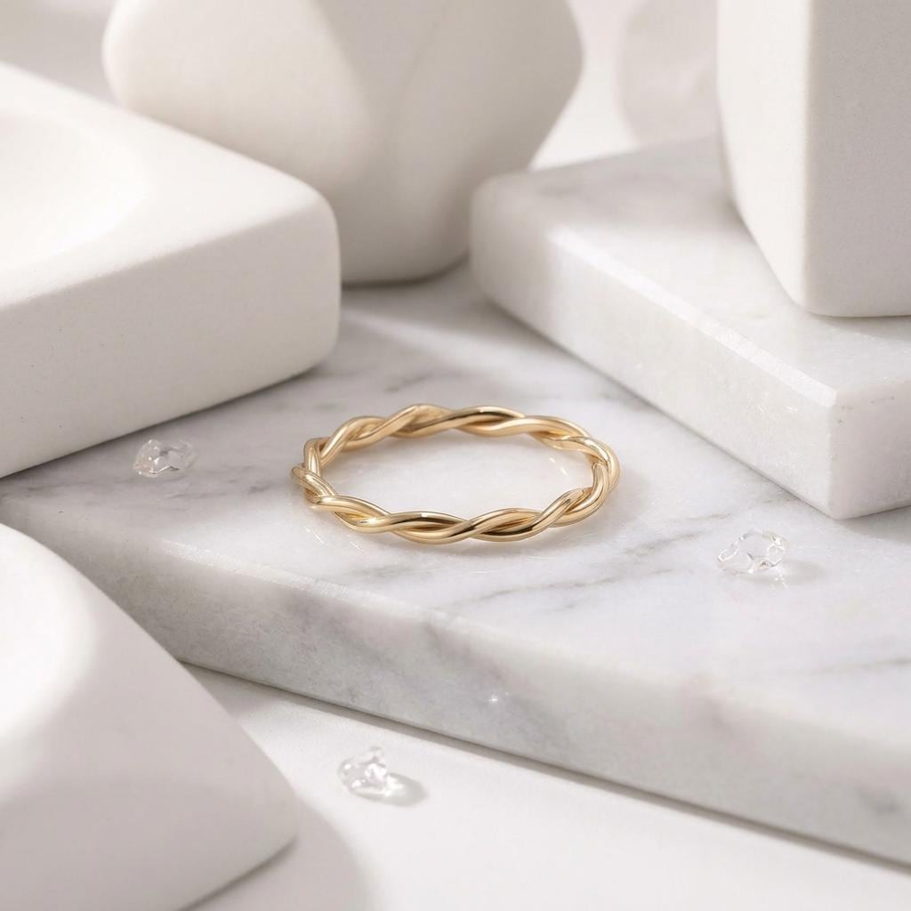 14K Solid Gold Handwoven Rope Ring, Braided Twist Stacking Band