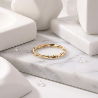 14K Solid Gold Handwoven Rope Ring, Braided Twist Stacking Band