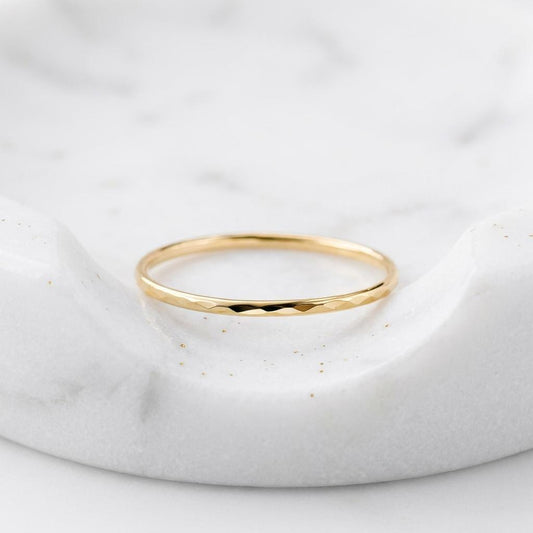 14K Solid Gold Faceted Pinky Ring Minimalist Cut Stacking Band