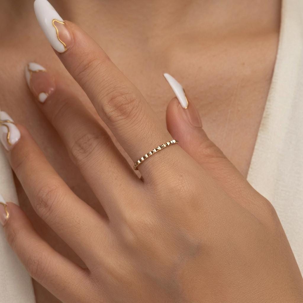 14K Solid Gold Engraved Gear Ring, Sparkly Striped Wedding