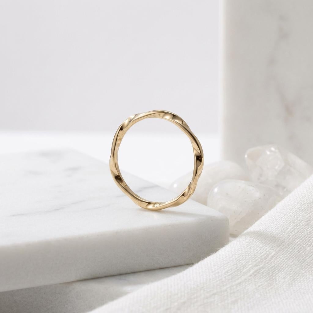 14K Solid Gold Hexagon Star Ring, Moebius Twist Stacking Band