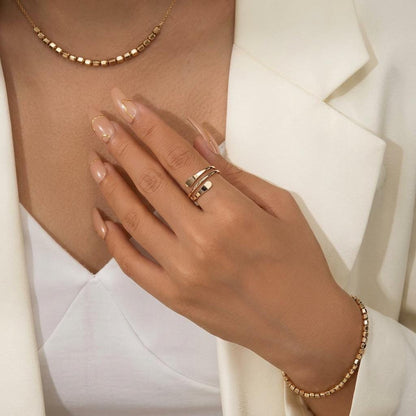14K Solid Gold Multi Faceted Open Ring, Adjustable Cracked Cut Band