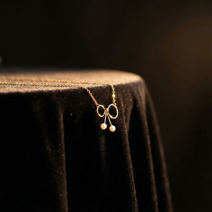 14K Gold Natural Pearl Bow Necklace
