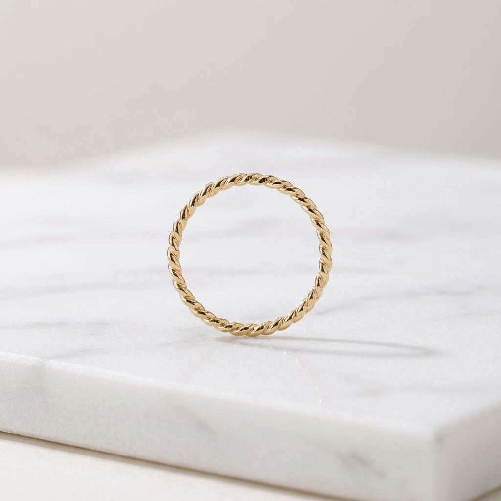 14K Solid Gold 1.6 mm Rope Twist Ring, Dainty Twisted Wedding Band