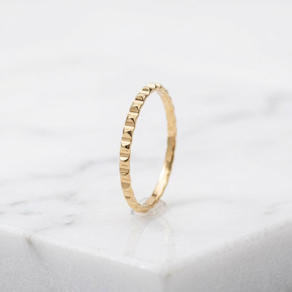 14K Solid Gold Engraved Gear Ring, Sparkly Striped Wedding