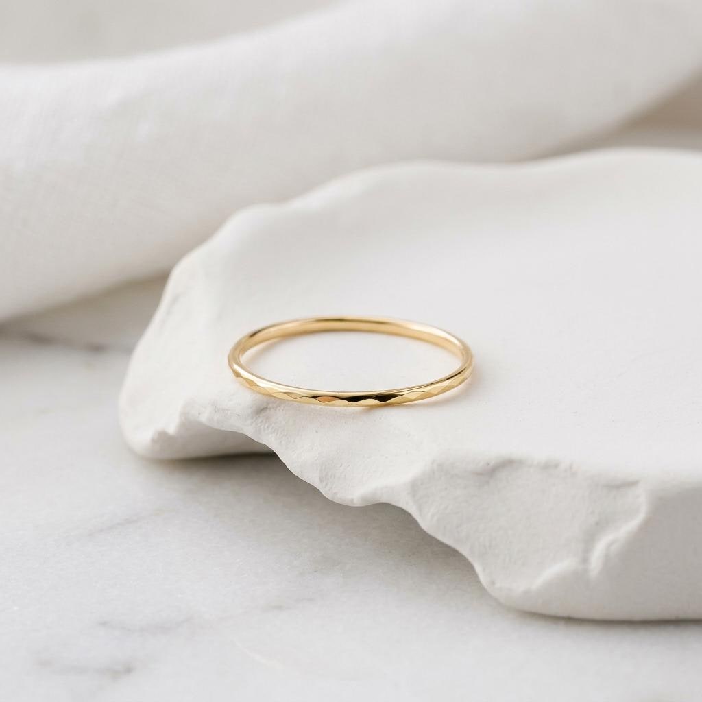 14K Solid Gold Faceted Pinky Ring Minimalist Cut Stacking Band