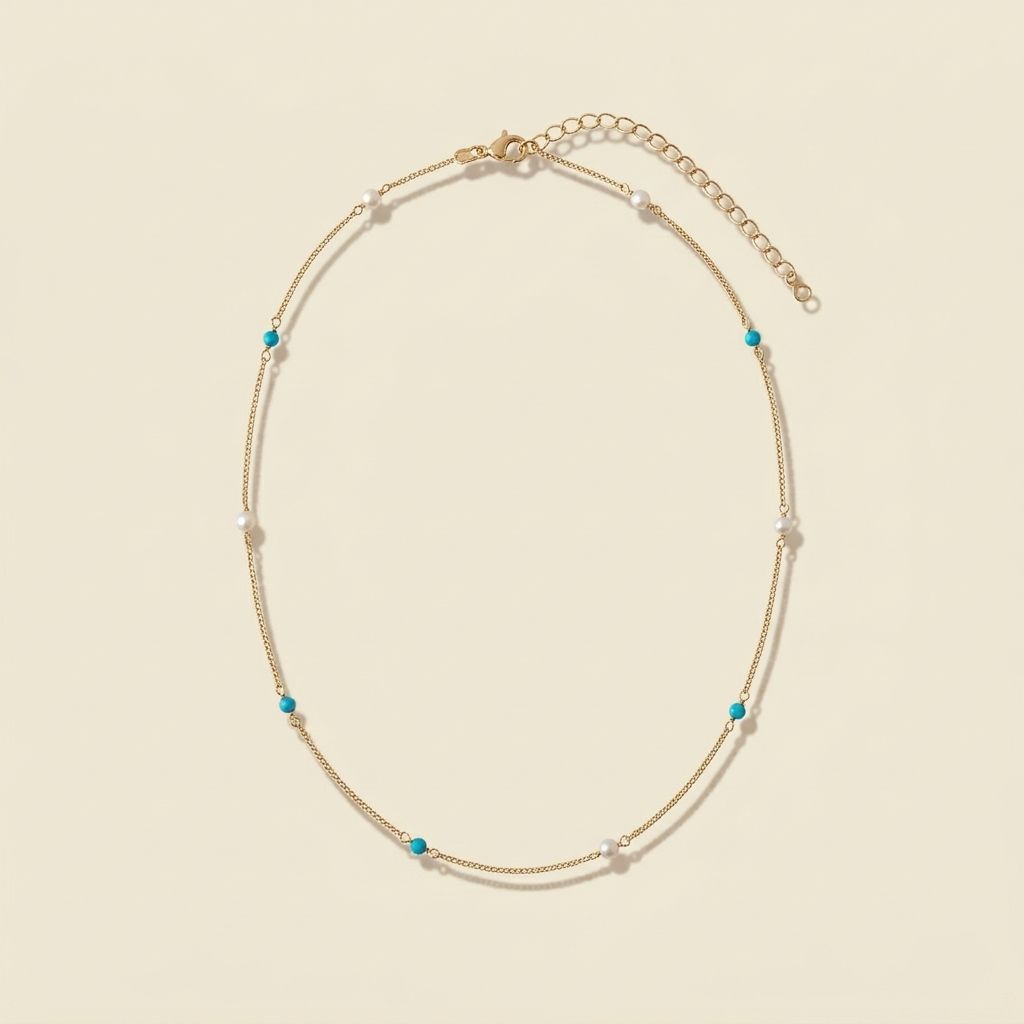 14K Gold Natural Turquoise & Pearl Necklace Everyday Necklace