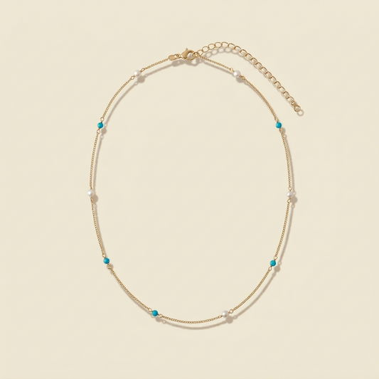14K Gold Natural Turquoise & Pearl Necklace Everyday Necklace