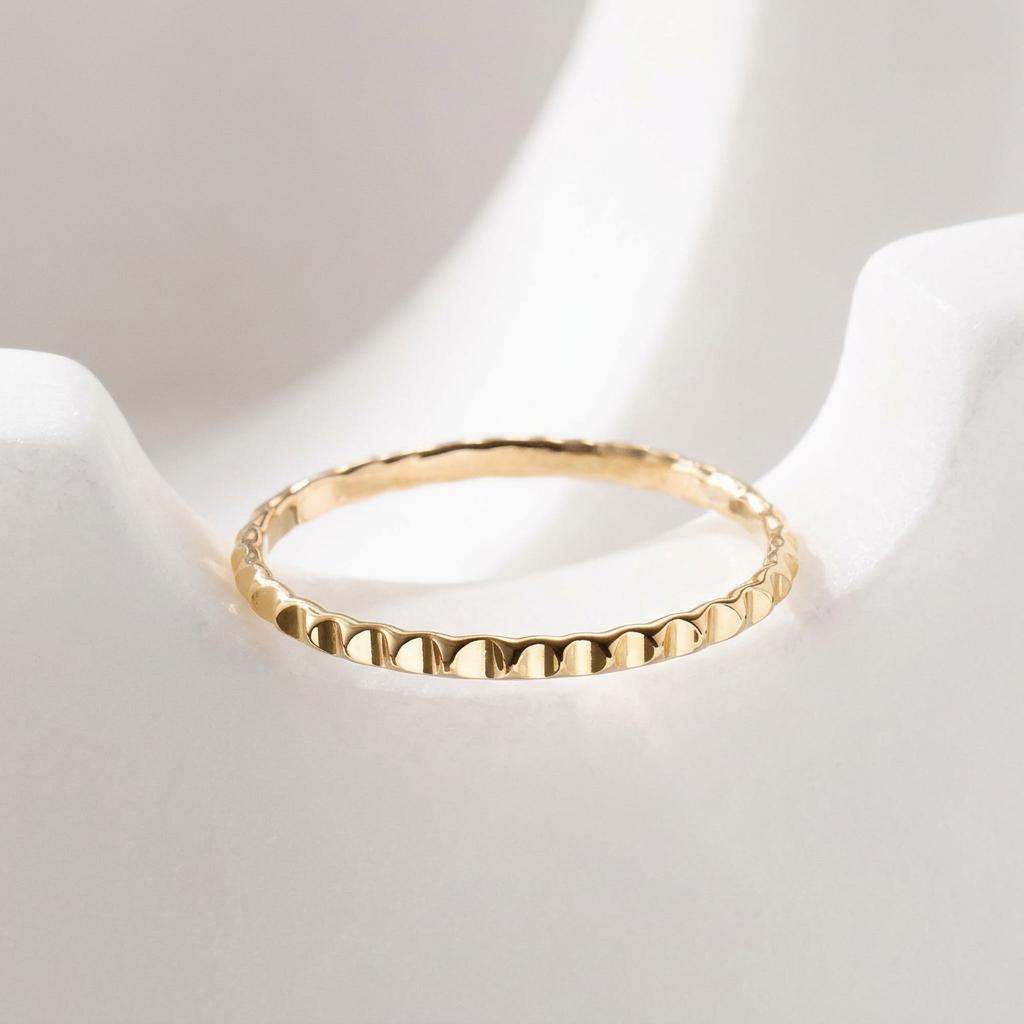 14K Solid Gold Engraved Gear Ring, Sparkly Striped Wedding