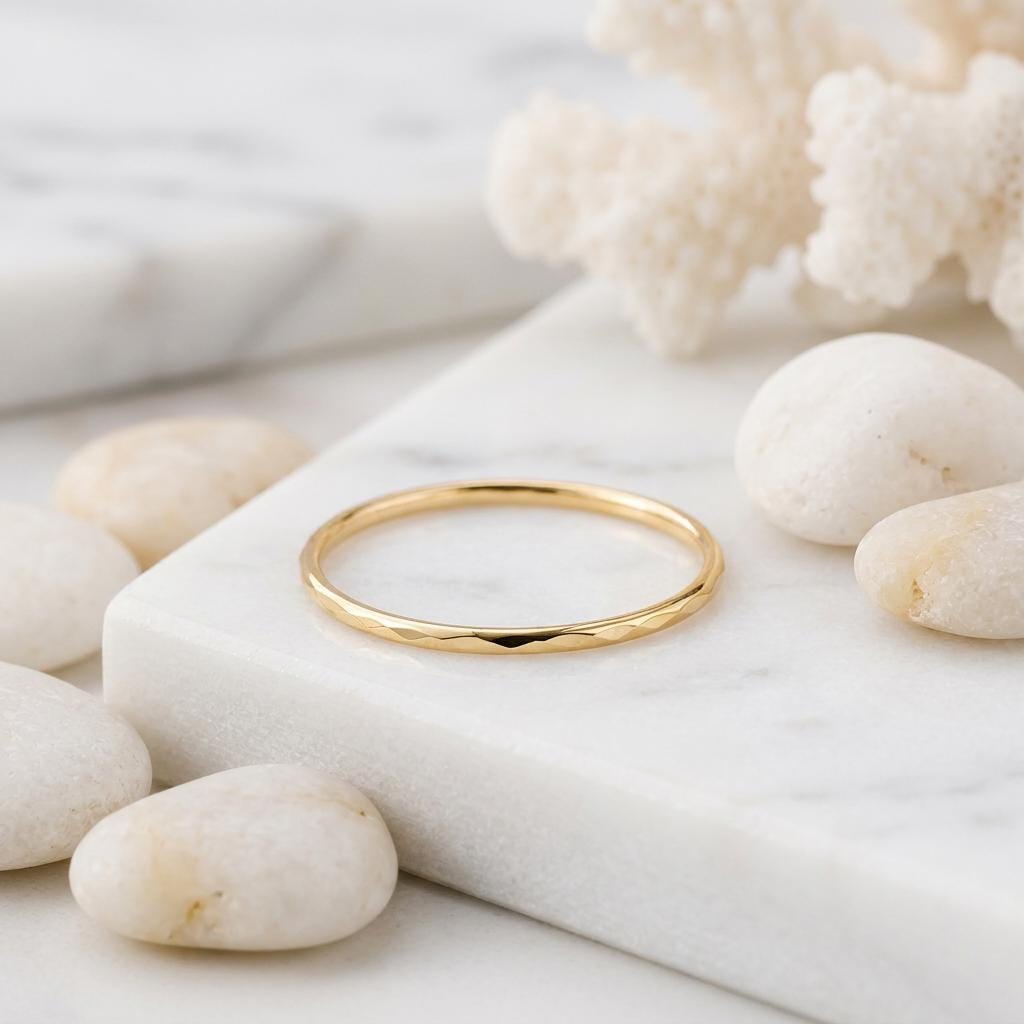 14K Solid Gold Faceted Pinky Ring Minimalist Cut Stacking Band