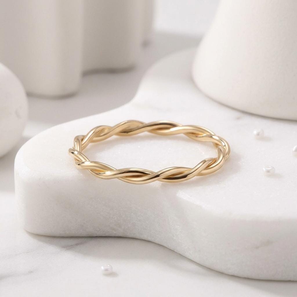 14K Solid Gold Handwoven Rope Ring, Braided Twist Stacking Band