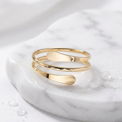14K Solid Gold Multi Faceted Open Ring, Adjustable Cracked Cut Band
