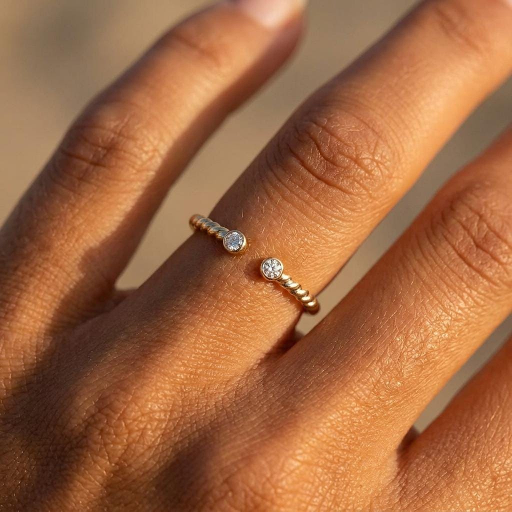 Solid 14K Gold Rope Twist Moissanite Open Ring Adjustable Band