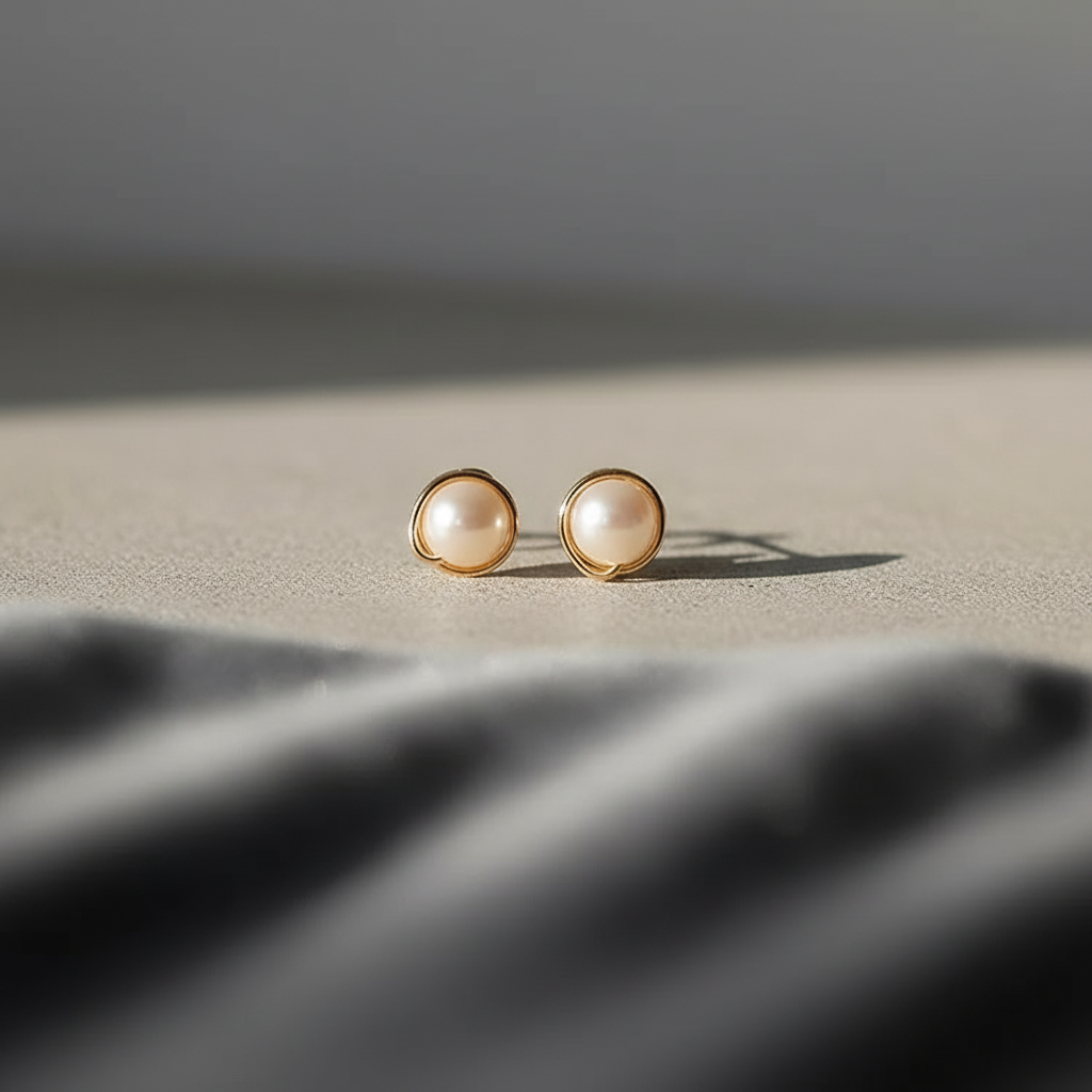 14k gold hand-wrapped natural pearl stud earrings