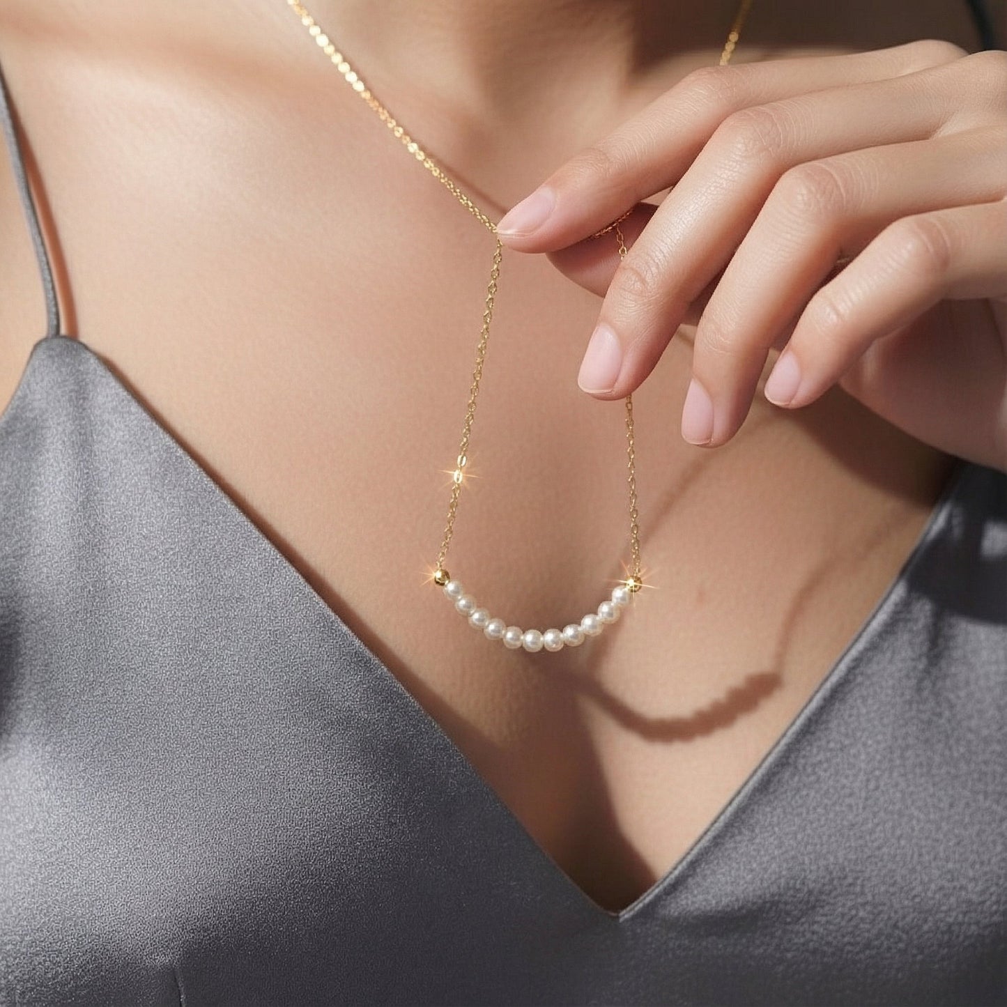 14K Gold Natural Pearl Arc Necklace