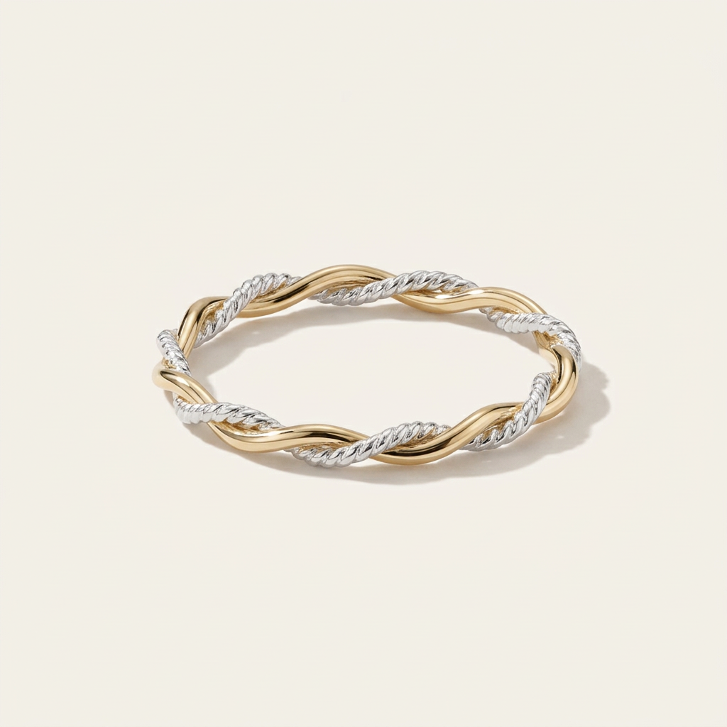 Handcrafted Solid 14K Gold Two Tone Faceted Rope Twist Ring