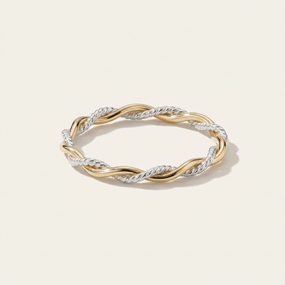 Handcrafted Solid 14K Gold Two Tone Faceted Rope Twist Ring