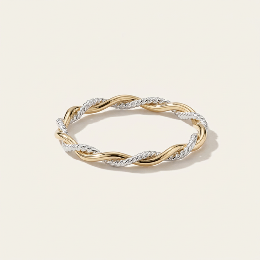 Handcrafted Solid 14K Gold Two Tone Faceted Rope Twist Ring