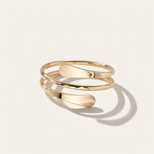 14K Solid Gold Multi Faceted Open Ring, Adjustable Cracked Cut Band