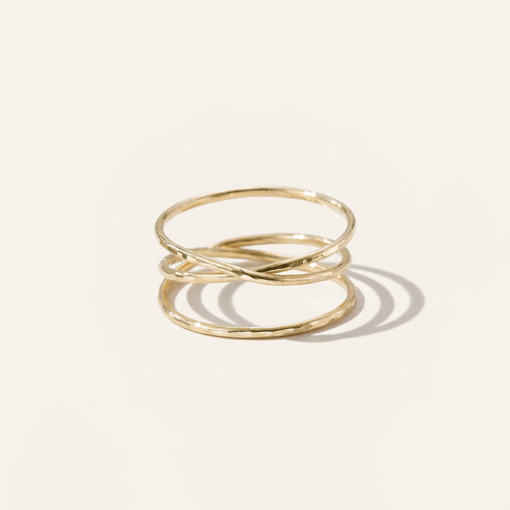 14K Solid Gold Multi Faceted Ring, Cross Twist Woven Band