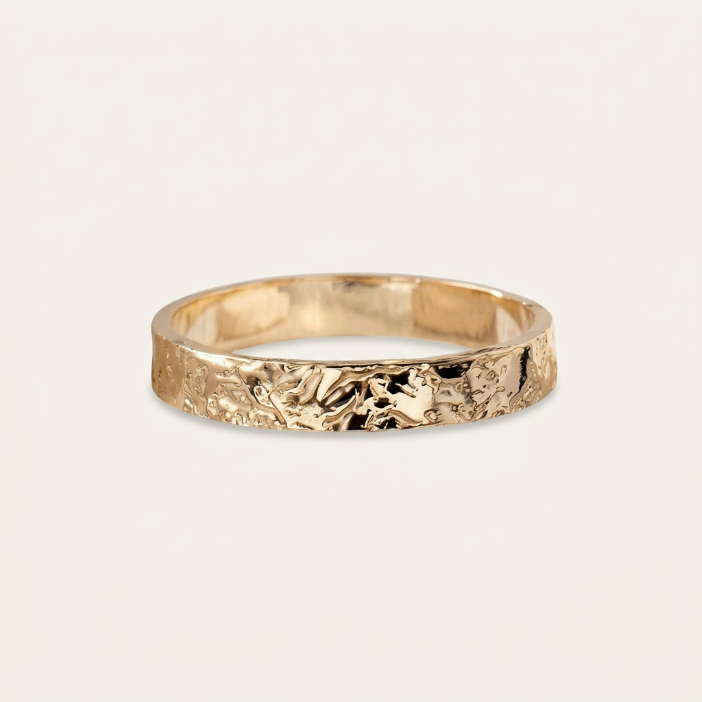14K Solid Gold Crinkle Texture Ring, Organic Lava Flow Wedding Band