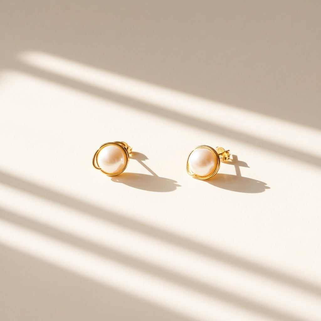 14k gold hand-wrapped natural pearl stud earrings
