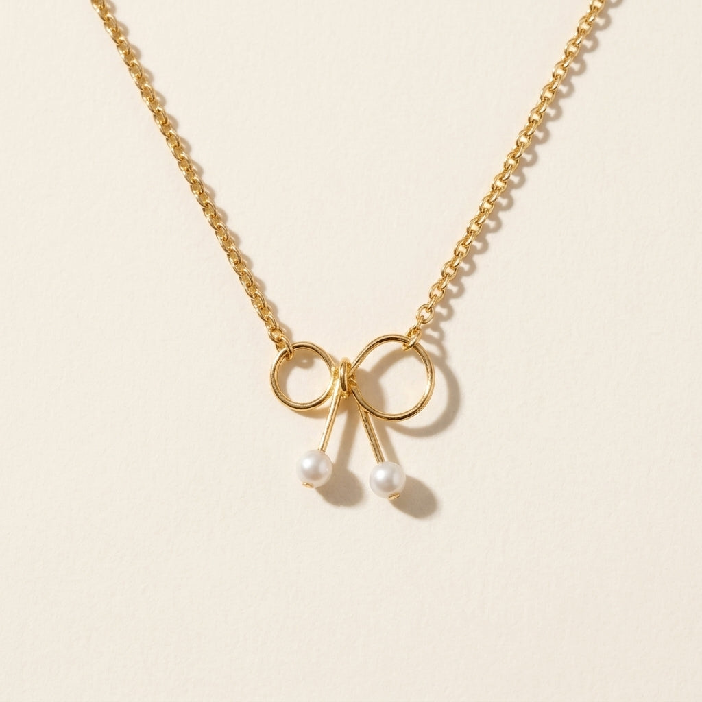 14K Gold Natural Pearl Bow Necklace
