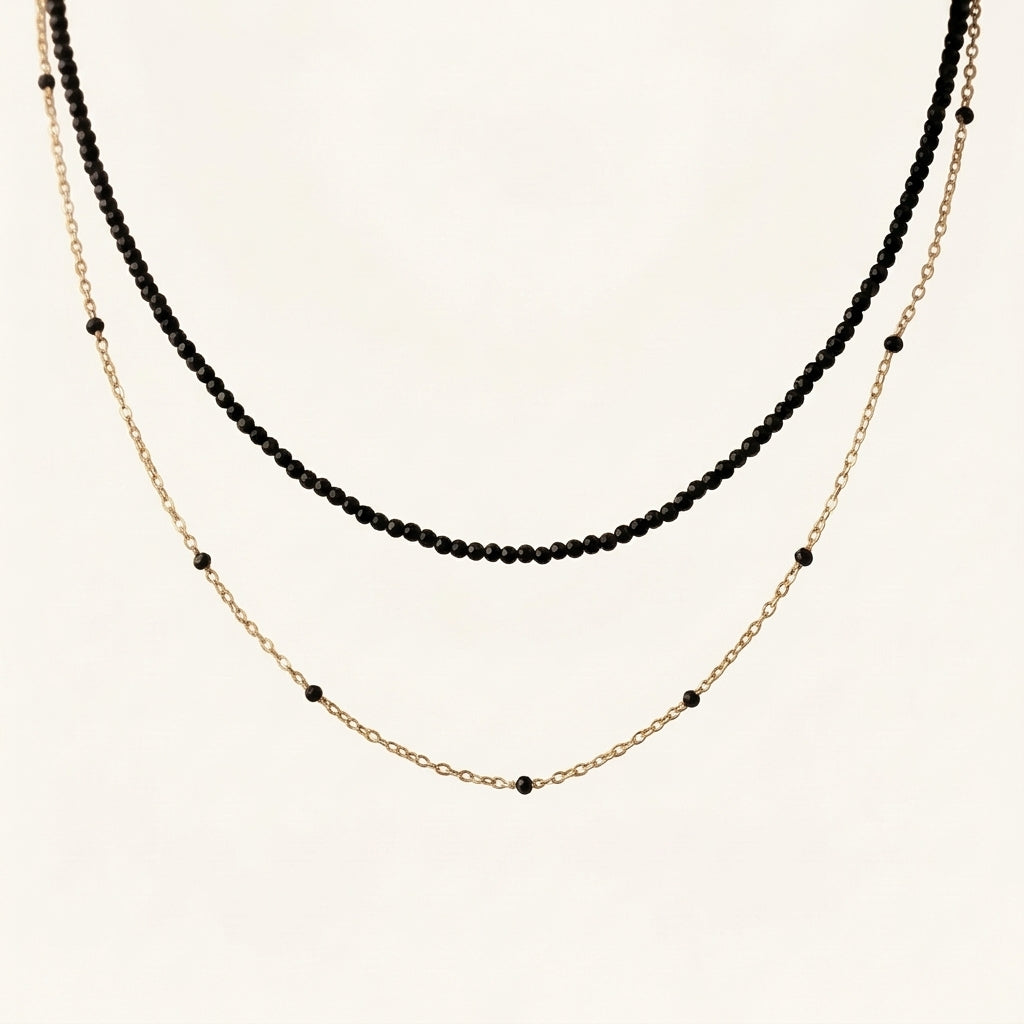 14K Gold Black Spinel Layered Necklace