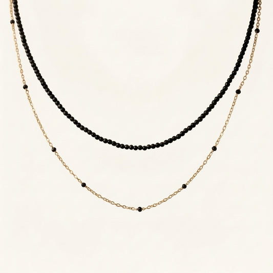 14K Gold Black Spinel Layered Necklace