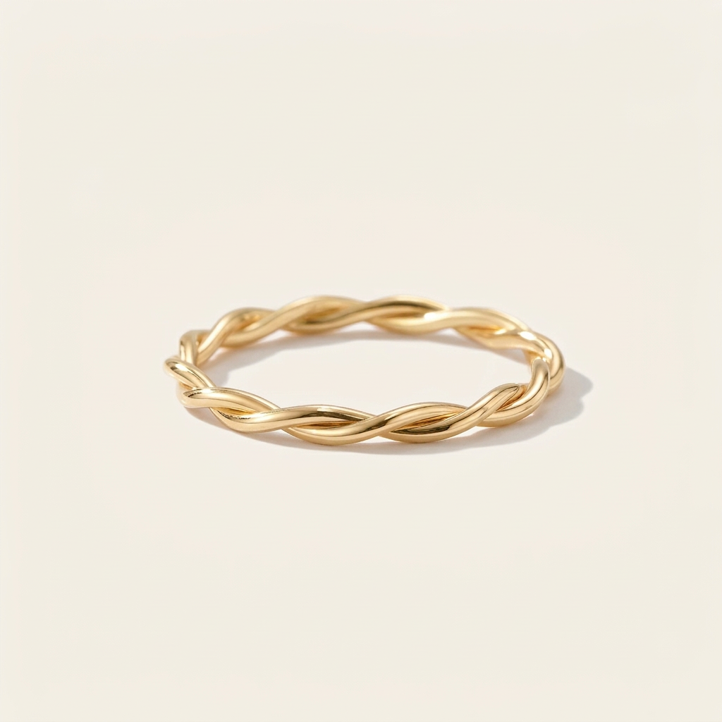 14K Solid Gold Handwoven Rope Ring, Braided Twist Stacking Band