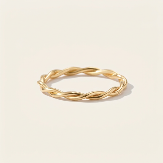 14K Solid Gold Handwoven Rope Ring, Braided Twist Stacking Band